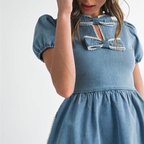Endless Blu 🦋 Tencell Denim Mini Dress Bow S M L Coquette Cotton - Picture 8 of 13